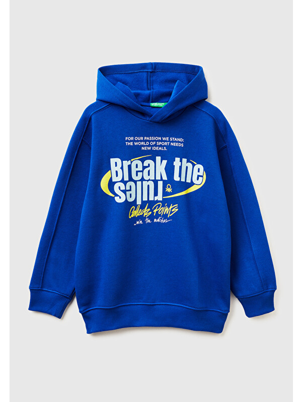 United Colors Of Benetton Erkek Çocuk Saks Mavisi Önü Baskılı Düşük Omuzlu Kapüşonlu Sweatshirt