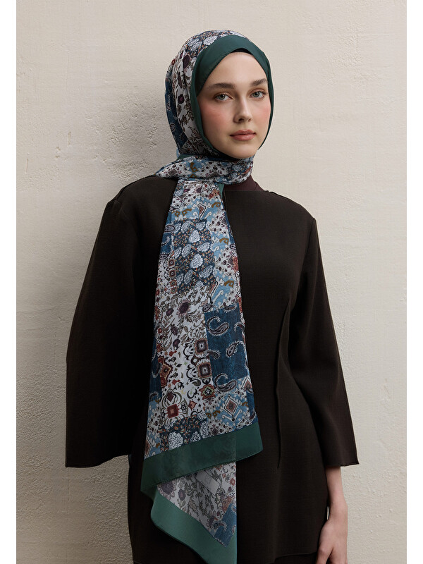 Fresh Scarfs Ethnıc Fıgure Desen İpek Krep Şal Petrol