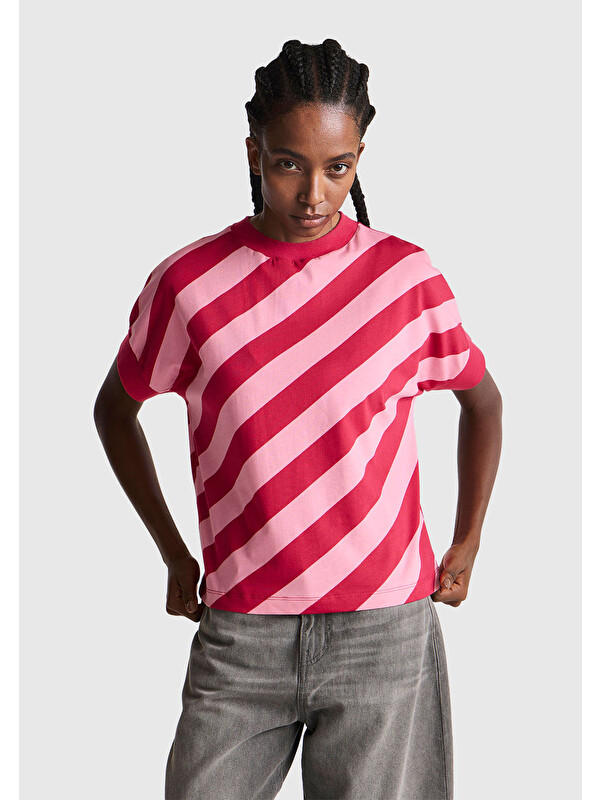 United Colors Of Benetton Kadın Fuşya %100 Pamuk Çift Renk Bloklu T-Shirt