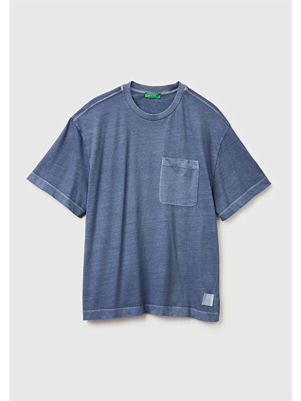 United Colors Of Benetton Erkek Gri %100 Pamuk Cep Detaylı Oversize Bisiklet Yaka Tişört