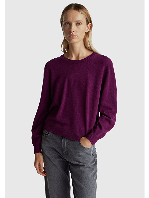 United Colors Of Benetton Kadın Mürdüm %100 Merino Ribana Detaylı Bisiklet Yaka Kazak