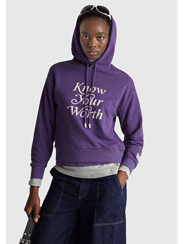 United Colors Of Benetton Kadın Mor Pamuk Karışımlı Önü Yazı Baskılı Kapüşonlu Sweatshirt