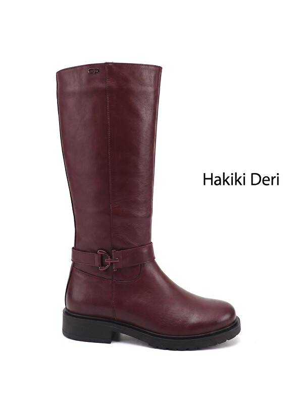 GÖNDERİ(R) Kadın AÇIK BORDO Fermuarlı Kalın Topuklu Hakiki Deri Çizme