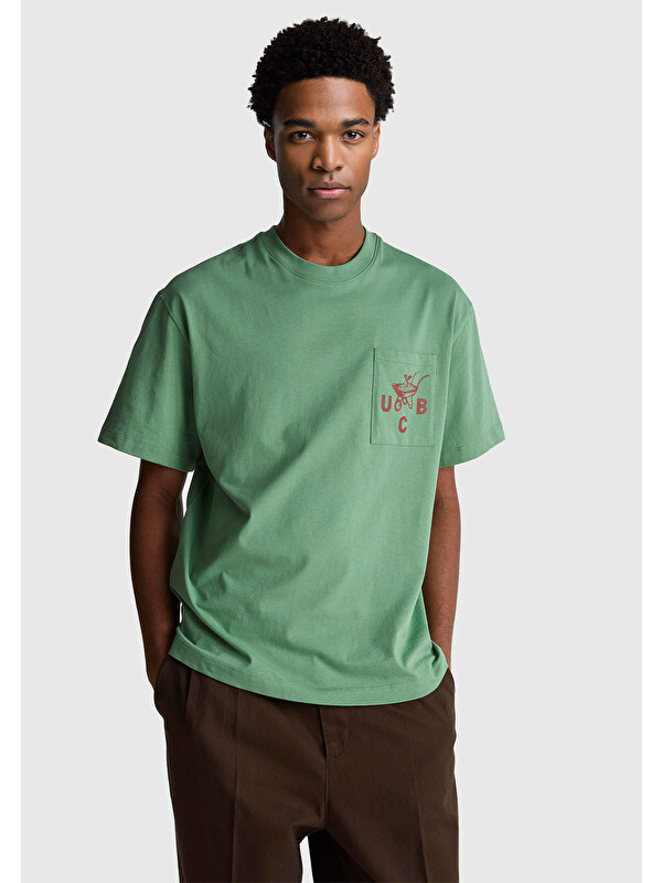 United Colors Of Benetton Erkek Haki Yeşilli %100 Pamuk Önü İşleme Detaylı Oversize Bisiklet Yaka Tişört