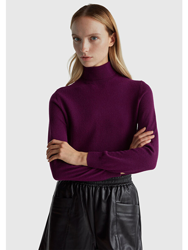 United Colors Of Benetton Kadın Mürdüm %100 Merino Dik Yaka  Kazak