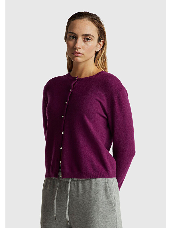 United Colors Of Benetton Kadın Mürdüm %100 Merino Bisiklet Yaka İnci Düğmeli  Hırka