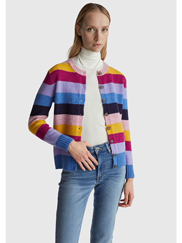 United Colors Of Benetton Kadın Çok Renkli %100 Yün Çizgili Shetland Hırka