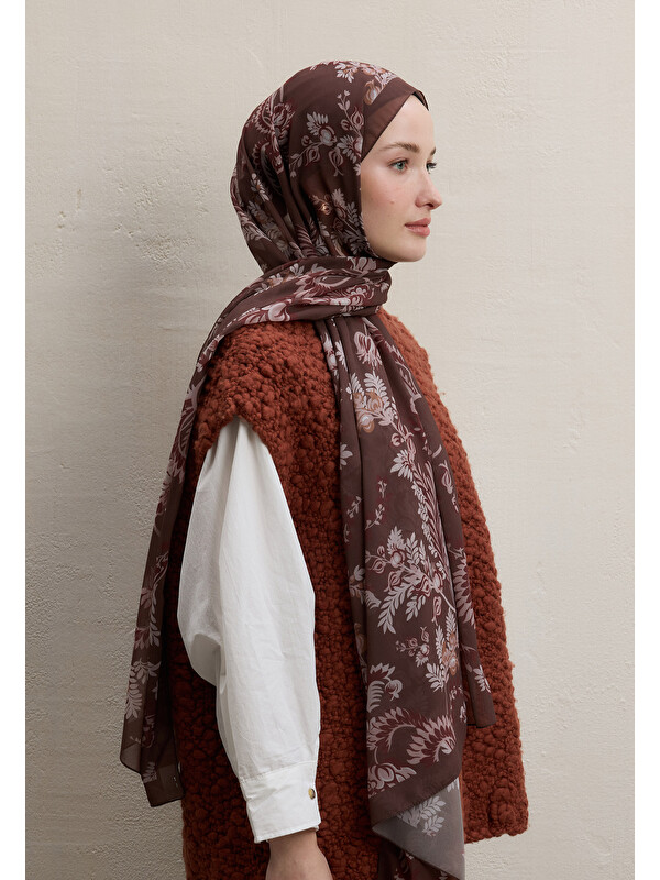 Fresh Scarfs Rosella Desen İpek Krep Şal Kahve