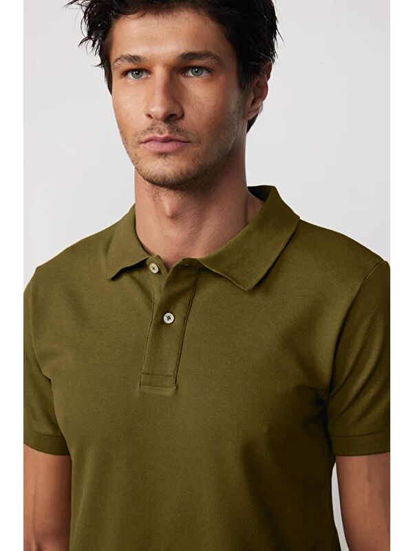 TUDORS Erkek Slim Fit Dar Kesim %100 Pamuk Düz Pike Haki Polo Yaka Tişört