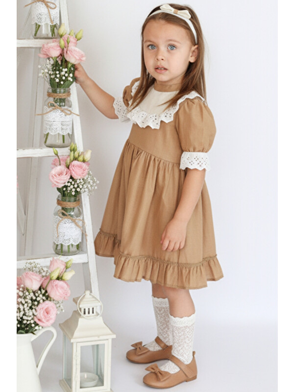 Parla Kids Kız Bebek Kahve Ruby Fırfırlı Dantel Detaylı Kısa Kollu Elbise Bandana Takım