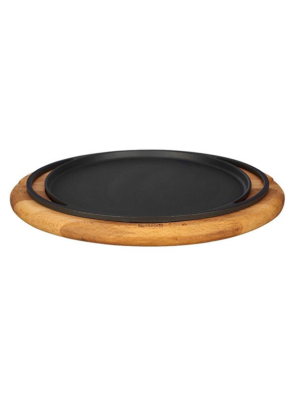 LAVA Yuvarlak Pizza Krep Pankek Tavası Döküm Demir Yekpare Çift Kulplu Kayın Servis Ahşabı Çap(Ø)28cm.