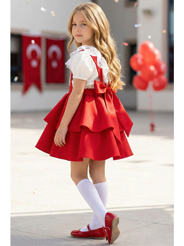 Parla Kids Kız Çocuk Helen Kırmızı Askılı Jile Elbise Ekru Dantel Kısa Kollu Bluz Abiye Takım Gösteri Kıyafeti