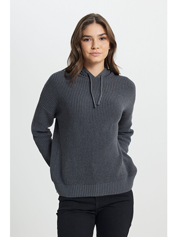 Wrangler Relaxed Fit Geniş Kesim Kapüşonlu Antrasit Triko Kazak
