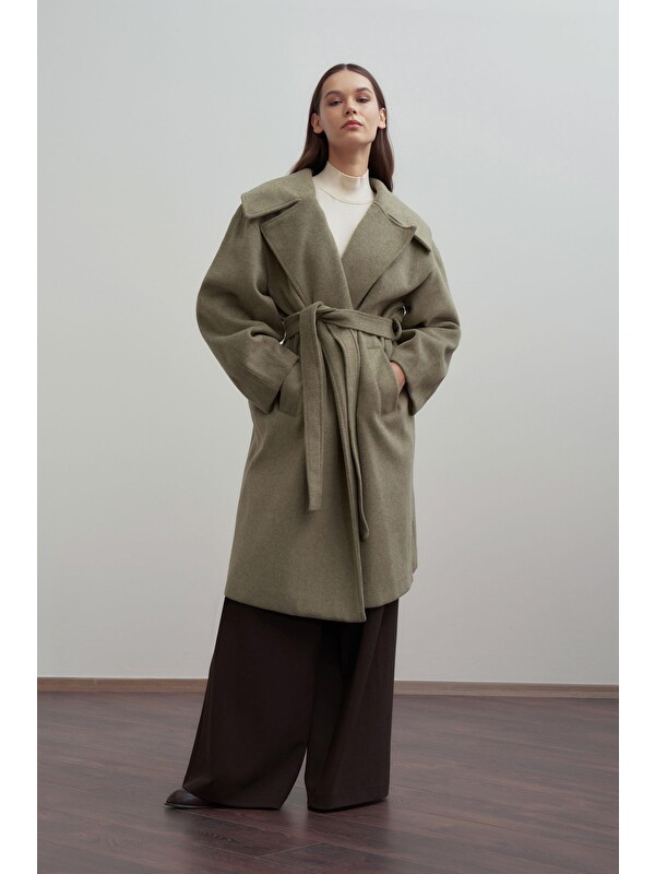 ALLDAY Yeşil Oversize Kuşaklı Kaşe Kaban