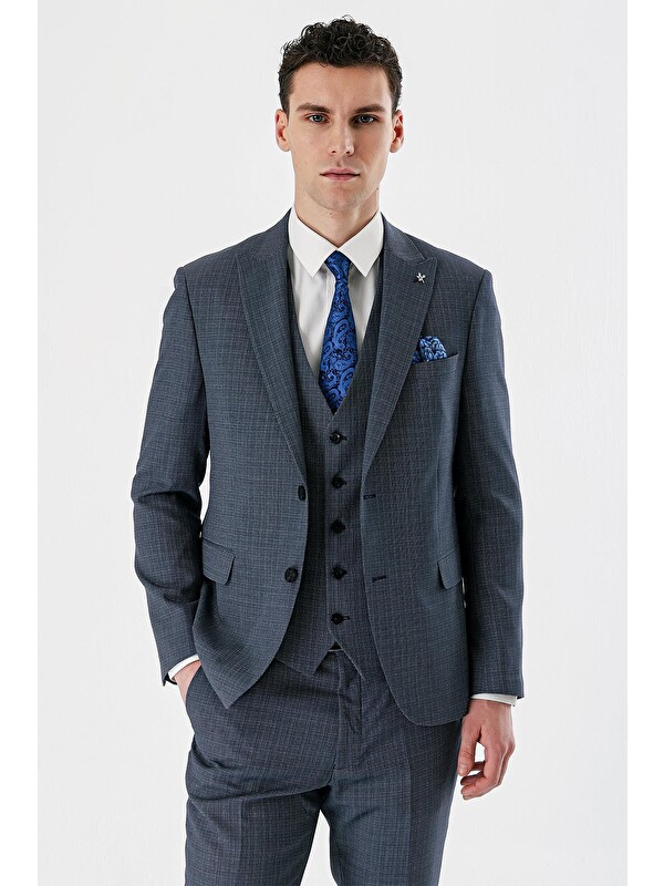 İMZA Koyu Lacivert Kırlangıç Yaka Yelekli 6 Drop Slim Fit Klasik Takım Elbise 1001240157