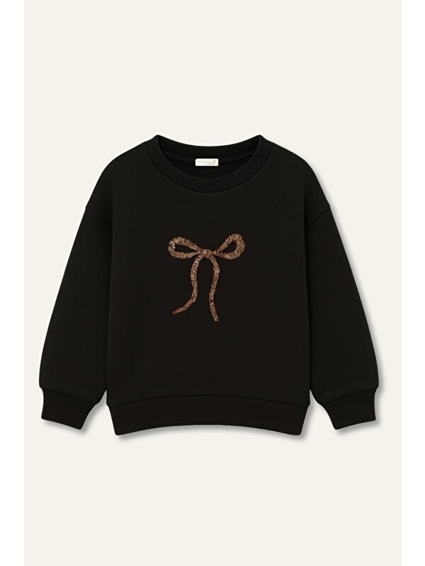 MİNİNİO Kız Çocuk Nakıs Detaylı Sweatshirt - Siyah