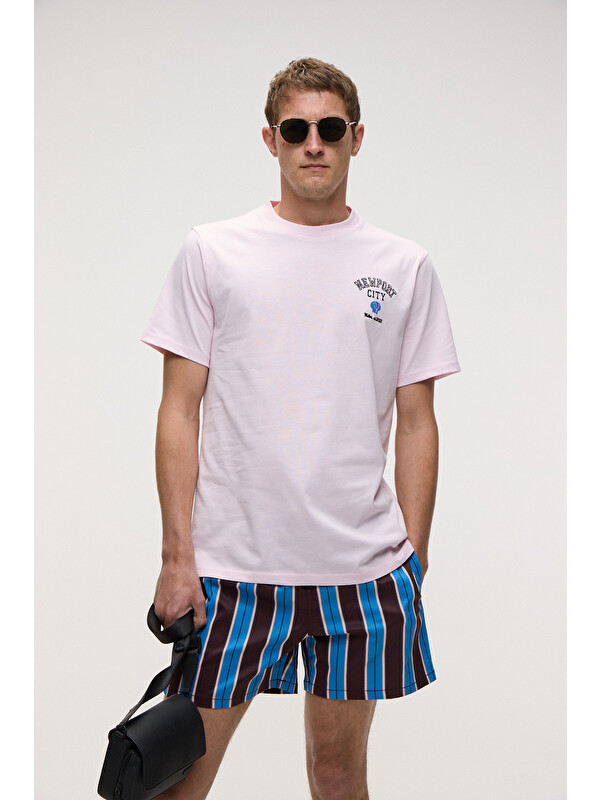 GRIMELANGE SONORA Erkek Baskı Detaylı %100 Organik Pamuk Regular Fit Kısa Kollu PEMBE T-Shirt