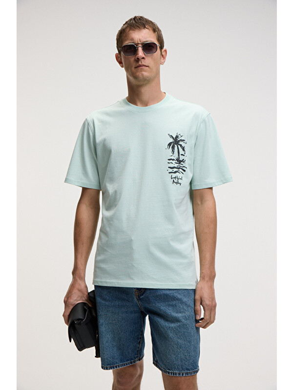 GRIMELANGE SONORA Erkek Baskı Detaylı %100 Organik Pamuk Regular Fit Kısa Kollu AÇIK YEŞİL T-Shirt