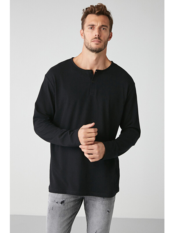 GRIMELANGE Lorenzo Erkek Özel Rustik Dokulu %100 organik Pamuk Düğme Detaylı Regular SİYAH Sweatshirt