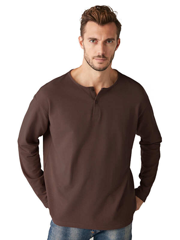 GRIMELANGE Lorenzo Erkek Özel Rustik Dokulu %100 organik Pamuk Düğme Detaylı Regular ACI KAHVE Sweatshirt