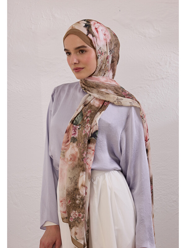 Fresh Scarfs Vıntage Rose Desen Rami Şal Vizon
