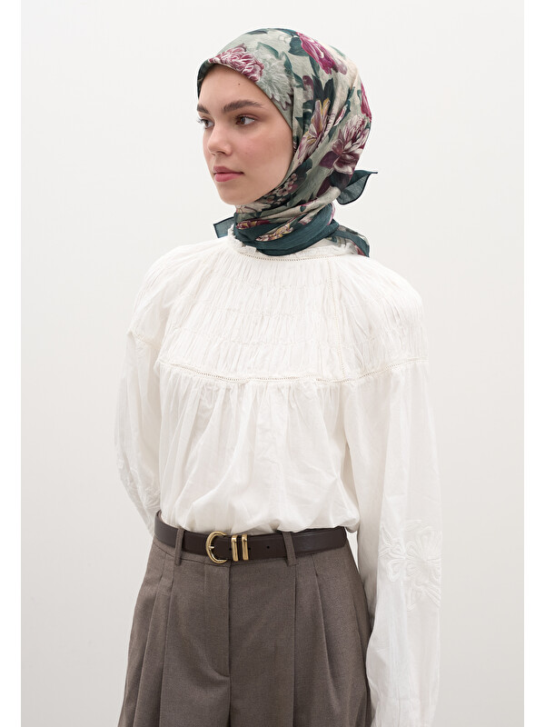 Fresh Scarfs Magnolıa Desen Pamuklu Viskon Eşarp Koyu Yeşil