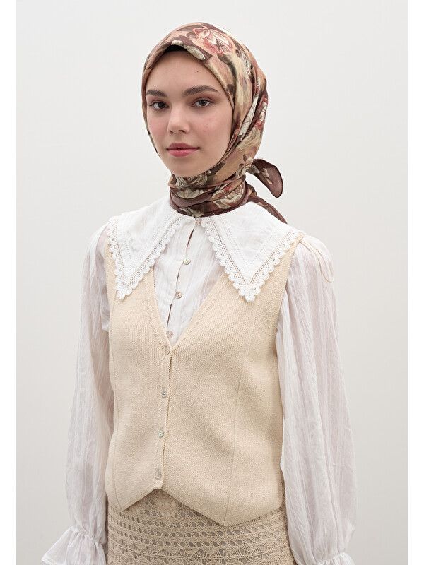Fresh Scarfs Magnolıa Desen Pamuklu Viskon Eşarp Sıcak Kahve