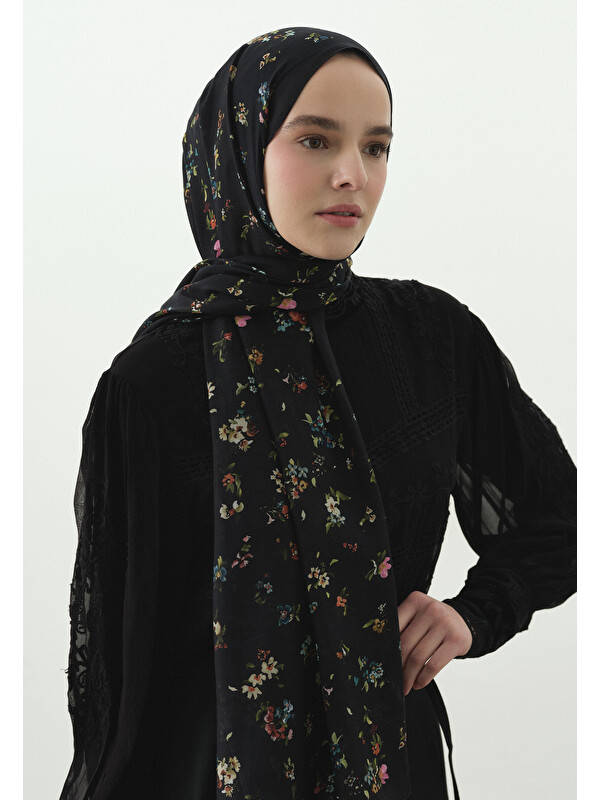 Fresh Scarfs Tiny Blooms Desenli Pamuk Viskon Şal Siyah