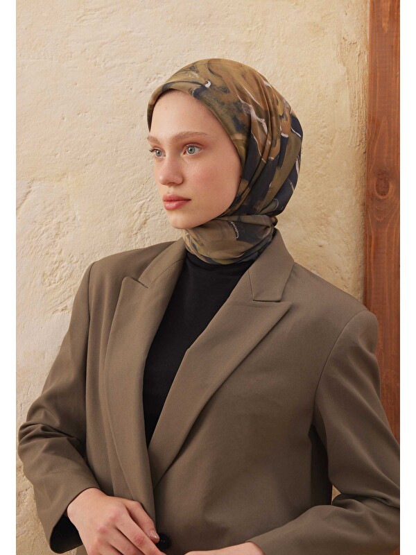Fresh Scarfs Dark Garden Desen Pamuk İpek Eşarp Zeytin Yeşili
