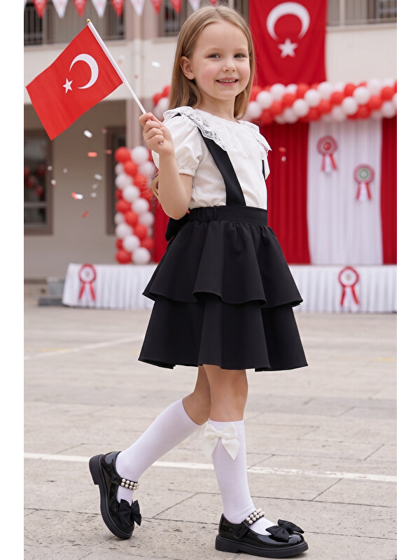 Parla Kids Kız Çocuk Helen Siyah Askılı Jile Elbise Ekru Dantel Kısa Kollu Bluz Abiye Takım Gösteri Kıyafeti