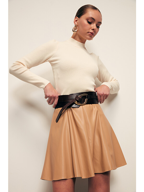 SATEEN Mini Deri Etek - Camel