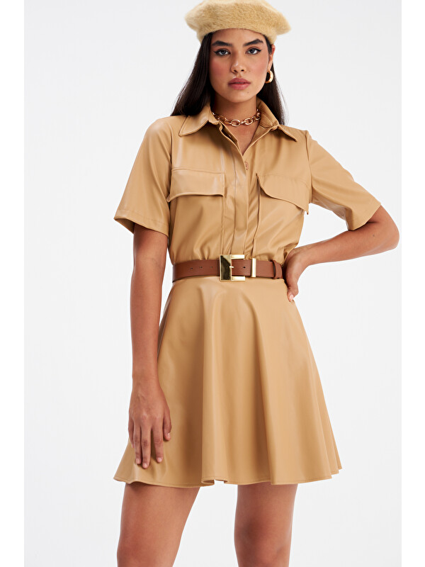 SATEEN Kloş Mini Deri Etek - Bej