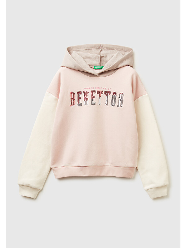 United Colors Of Benetton Kız Çocuk Krem-Pembe Payet İşlemeli Nervürlü Regular Fit Kapüşonlu Sweatshirt