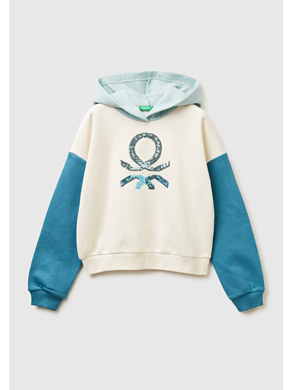 United Colors Of Benetton Kız Çocuk Ekru-Mavi Payet İşlemeli Nervürlü Regular Fit Kapüşonlu Sweatshirt