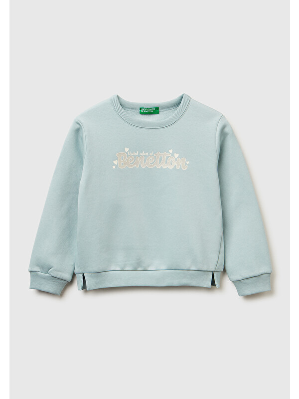 United Colors Of Benetton Kız Çocuk Su Yeşili Renk Bloklu Simli Logo Baskılı Yırtmaçlı Sweatshirt