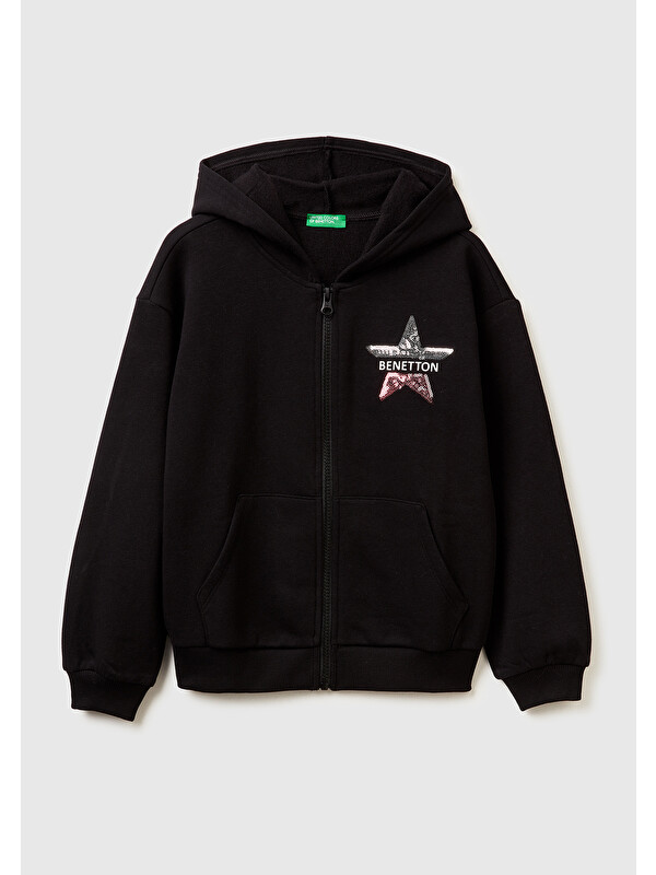 United Colors Of Benetton Kız Çocuk Siyah Önü Payetli Logolu Cepli Kapüşonlu Sweatshirt
