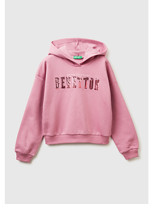 United Colors Of Benetton Kız Çocuk Gül Kurusu Payet İşlemeli Nervürlü Regular Fit Kapüşonlu Sweatshirt