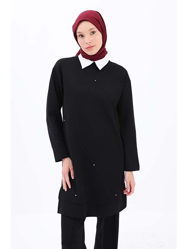 ALLDAY Siyah-Taşlı Geometrik Çima Detaylı Tunik