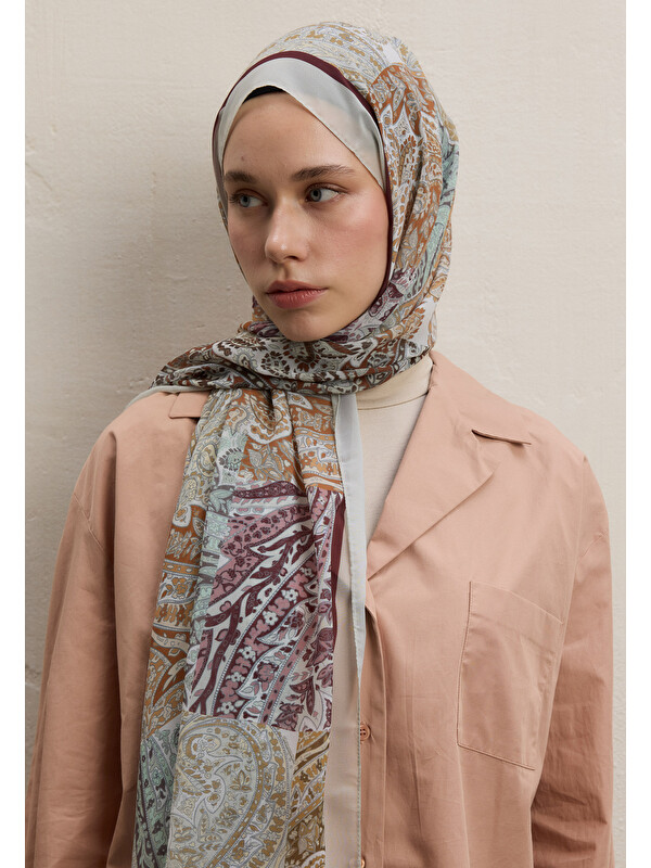 Fresh Scarfs Paısley Patch Desen İpek Krep Şal Toprak