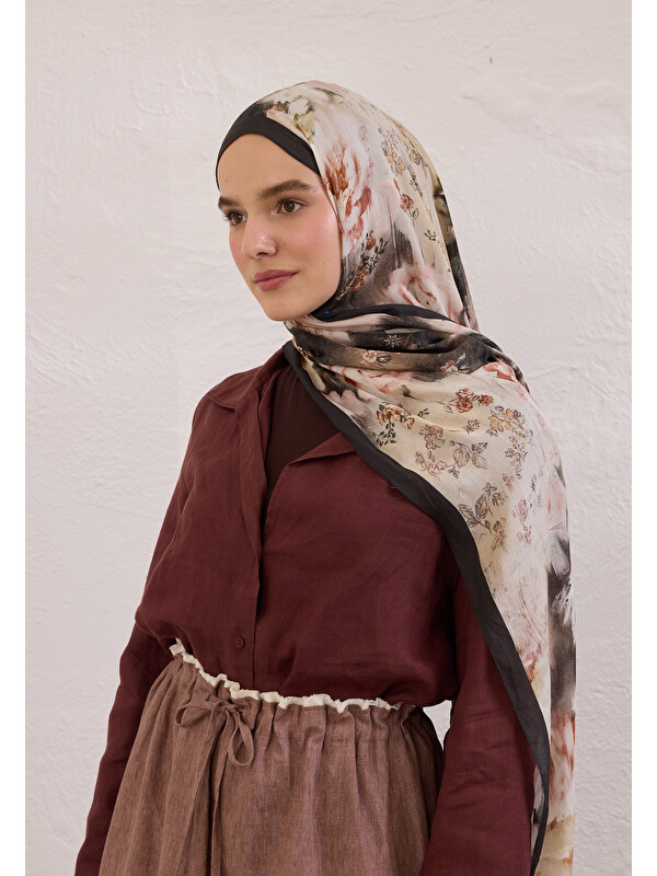 Fresh Scarfs Vıntage Rose Desen Rami Şal Siyah