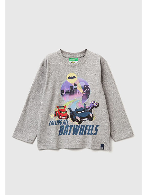 United Colors Of Benetton Erkek Çocuk Gri Melanj Önü ve Arkası Çok Renkli Batwheels Baskılı Logo Etiketli Jarse T-shirt
