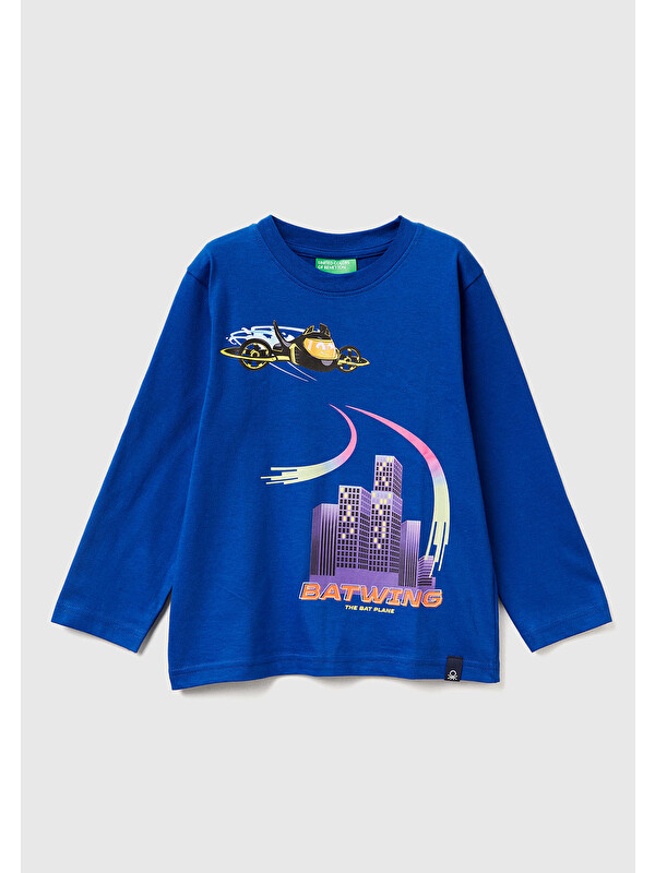 United Colors Of Benetton Erkek Çocuk Saks Mavisi Önü ve Arkası Çok Renkli Batwheels Baskılı Logo Etiketli Jarse T-shirt