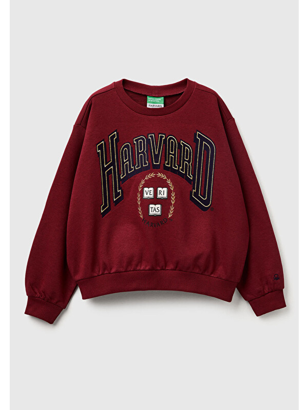 United Colors Of Benetton Kız Çocuk Bordo Önü Baskılı Logo İşlemeli Relaxed Fit Kısa Sweatshirt