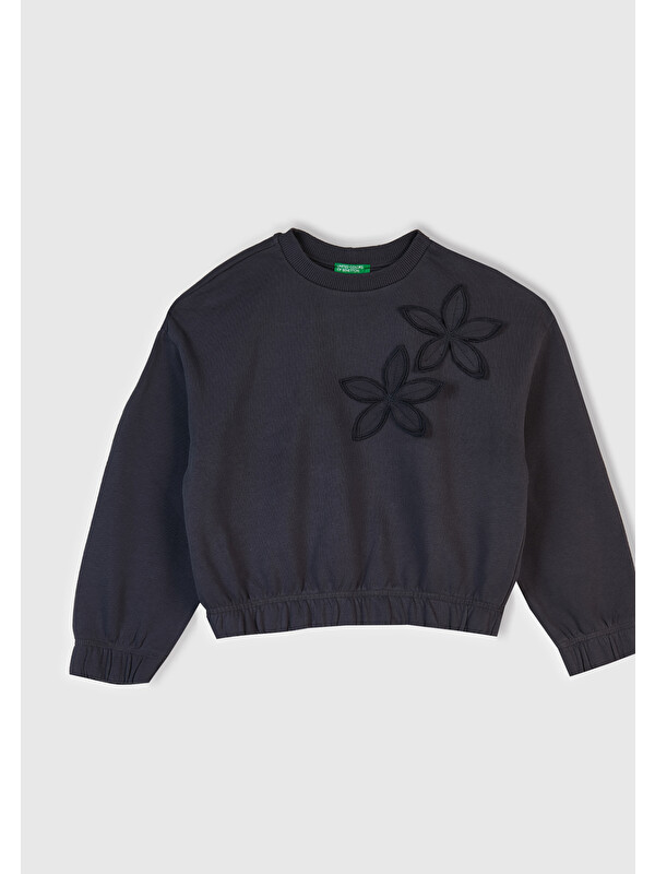 United Colors Of Benetton Kız Çocuk Koyu Gri İşlemeli Aplikeli Logo Detaylı Ribana Relaxed Fit Sweatshirt
