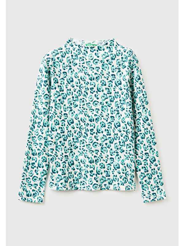 United Colors Of Benetton Kız Çocuk Mint Yeşili Tamamı Baskılı Logo Etiketli Bebe Yaka Uzun Kollu T-Shirt