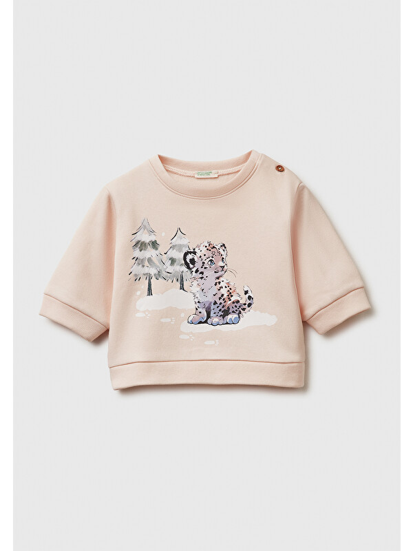 United Colors Of Benetton Bebek Toz Pembe Önü Baskılı Omzu Düğmeli Bisiklet Yaka Sweatshirt