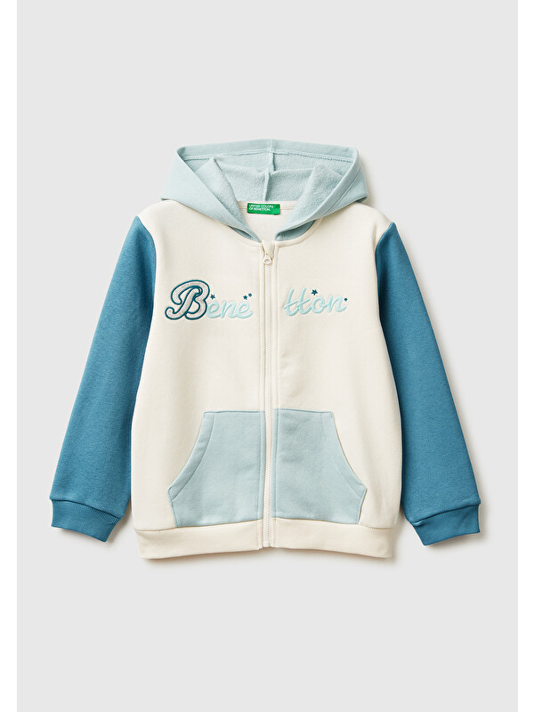 United Colors Of Benetton Kız Çocuk Ekru-Mavi Renk Bloklu Payet Nakışlı Fermuarlı Kapüşonlu Sweatshirt
