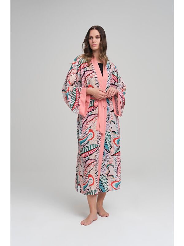 Haşema Renkli Yaprak Desenli Pudra Uzun Kimono 4046