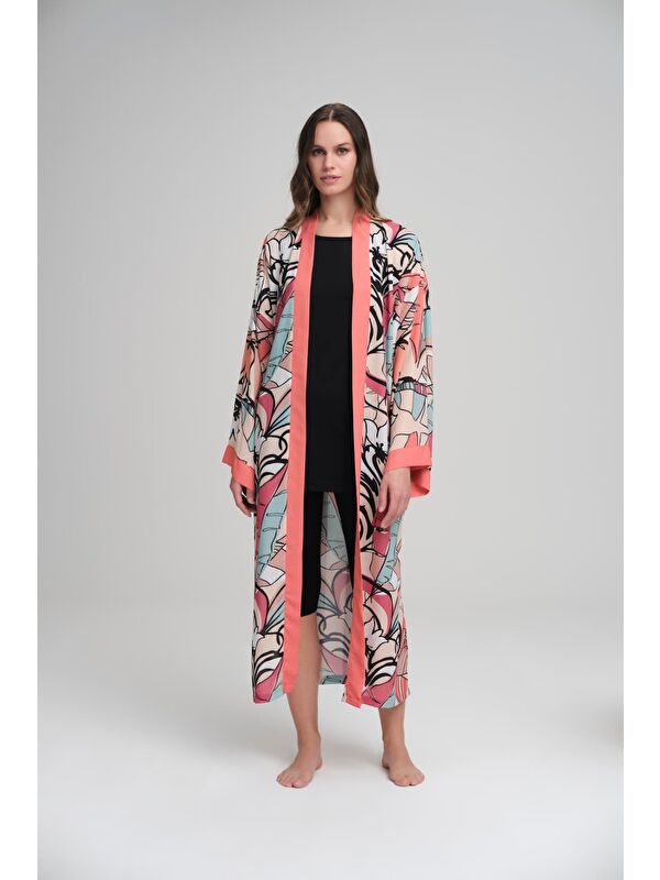 Haşema Renkli Puantiye Desenli Nar Çiçeği Uzun Kimono 4045