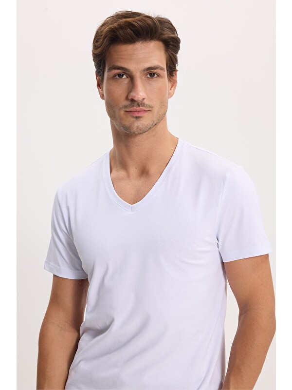 TUDORS Slim Fit V Yaka Düz Basıc Kısa Kol Tişört